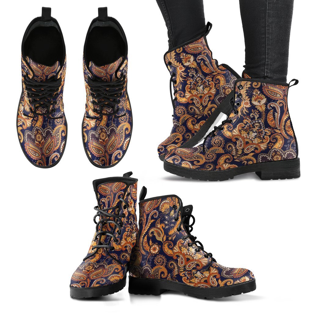 Gold Paisley Pattern Print Men Women Leather Boots-grizzshop