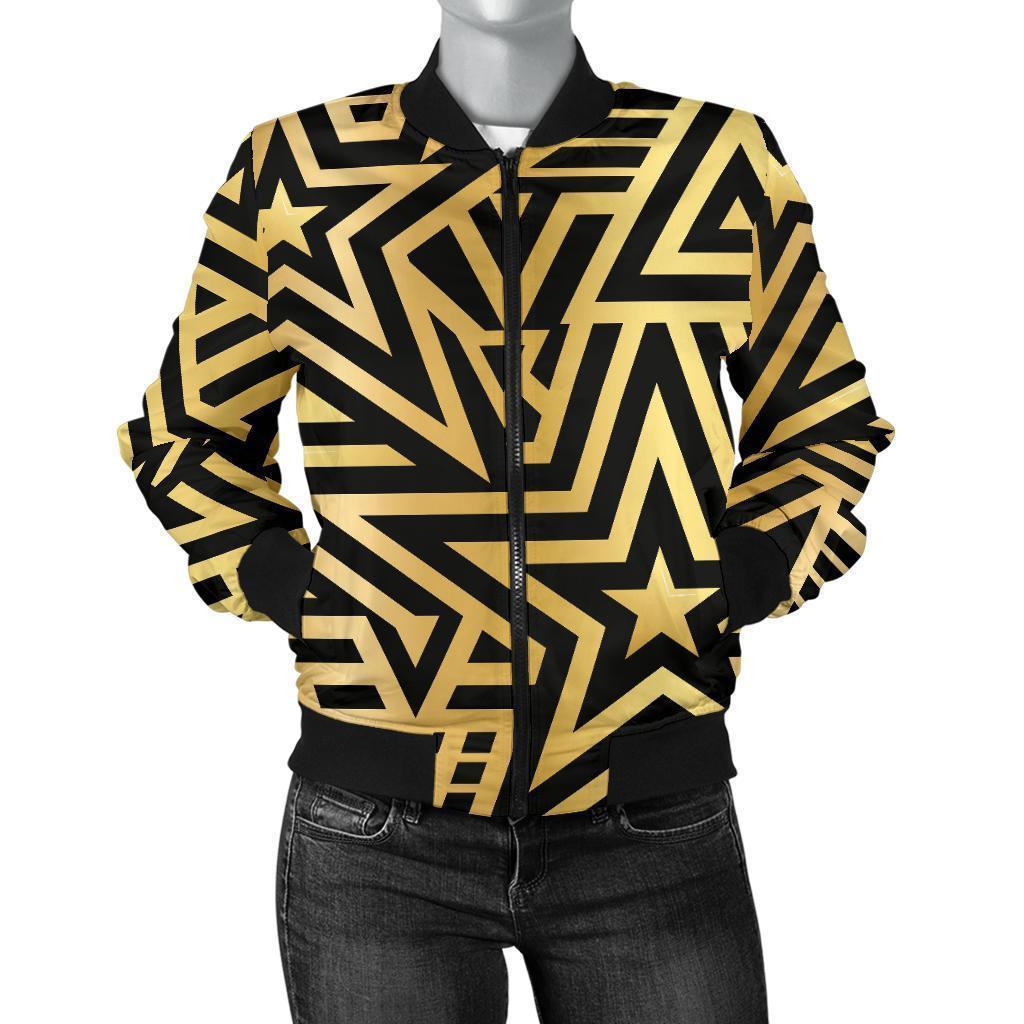Gold Star Pattern Print Women Casual Bomber Jacket-grizzshop