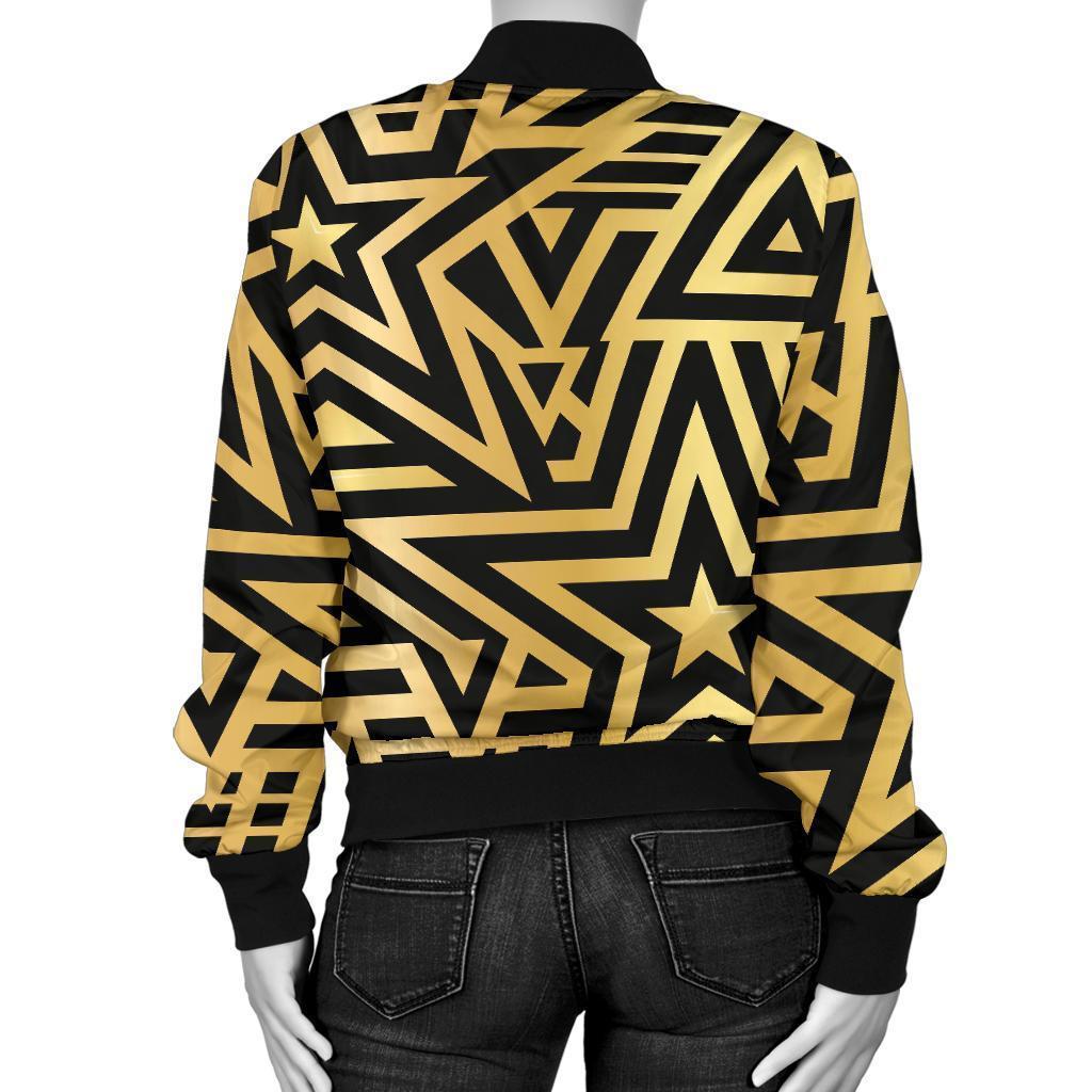 Gold Star Pattern Print Women Casual Bomber Jacket-grizzshop