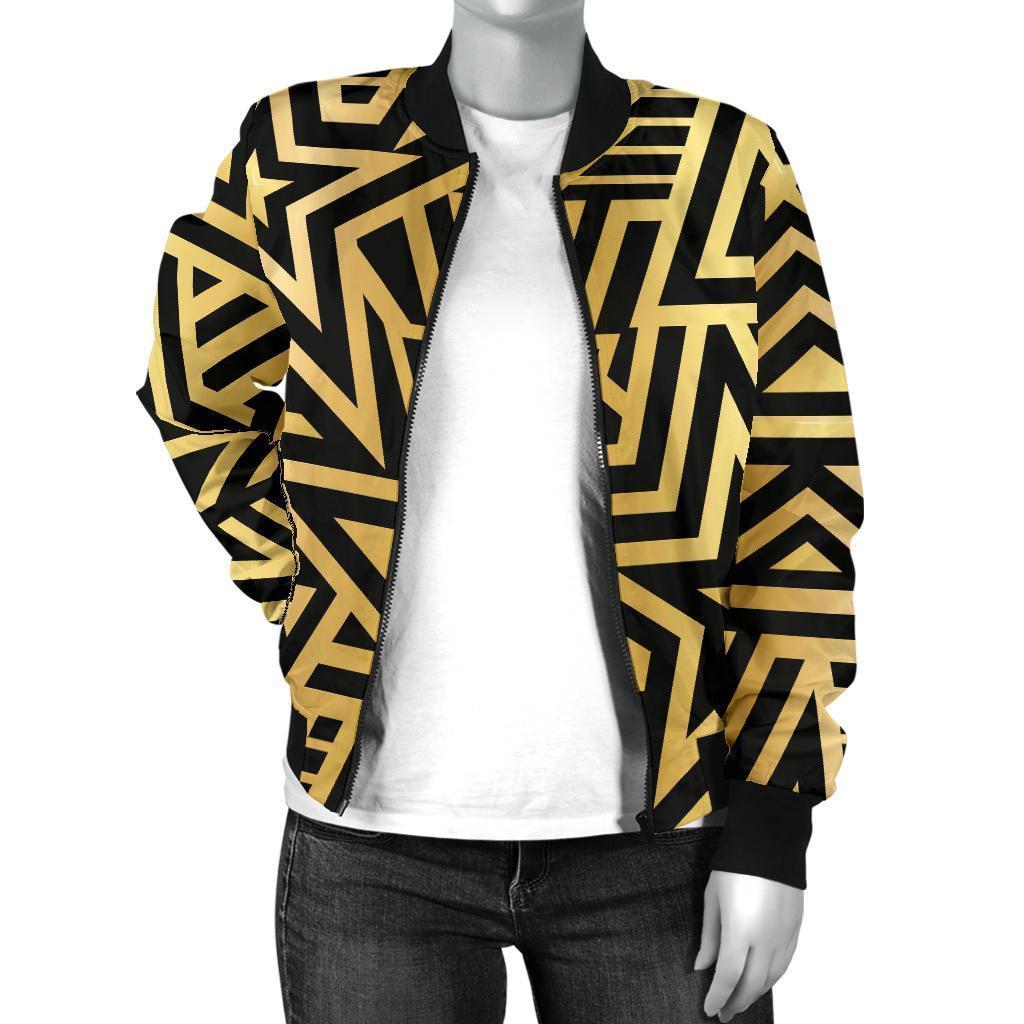 Gold Star Pattern Print Women Casual Bomber Jacket-grizzshop