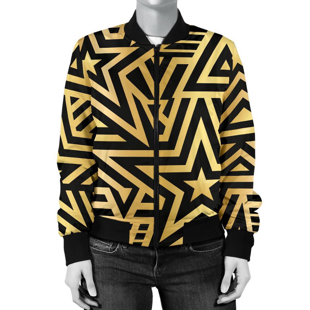 Gold Star Pattern Print Women Casual Bomber Jacket-grizzshop