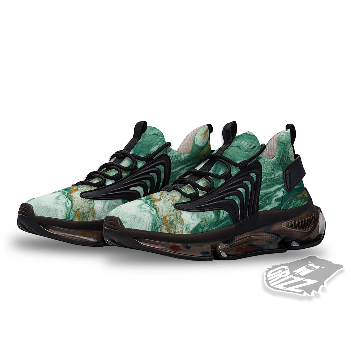 Golden And Green Marble Textue Print Black Gym Shoes-grizzshop