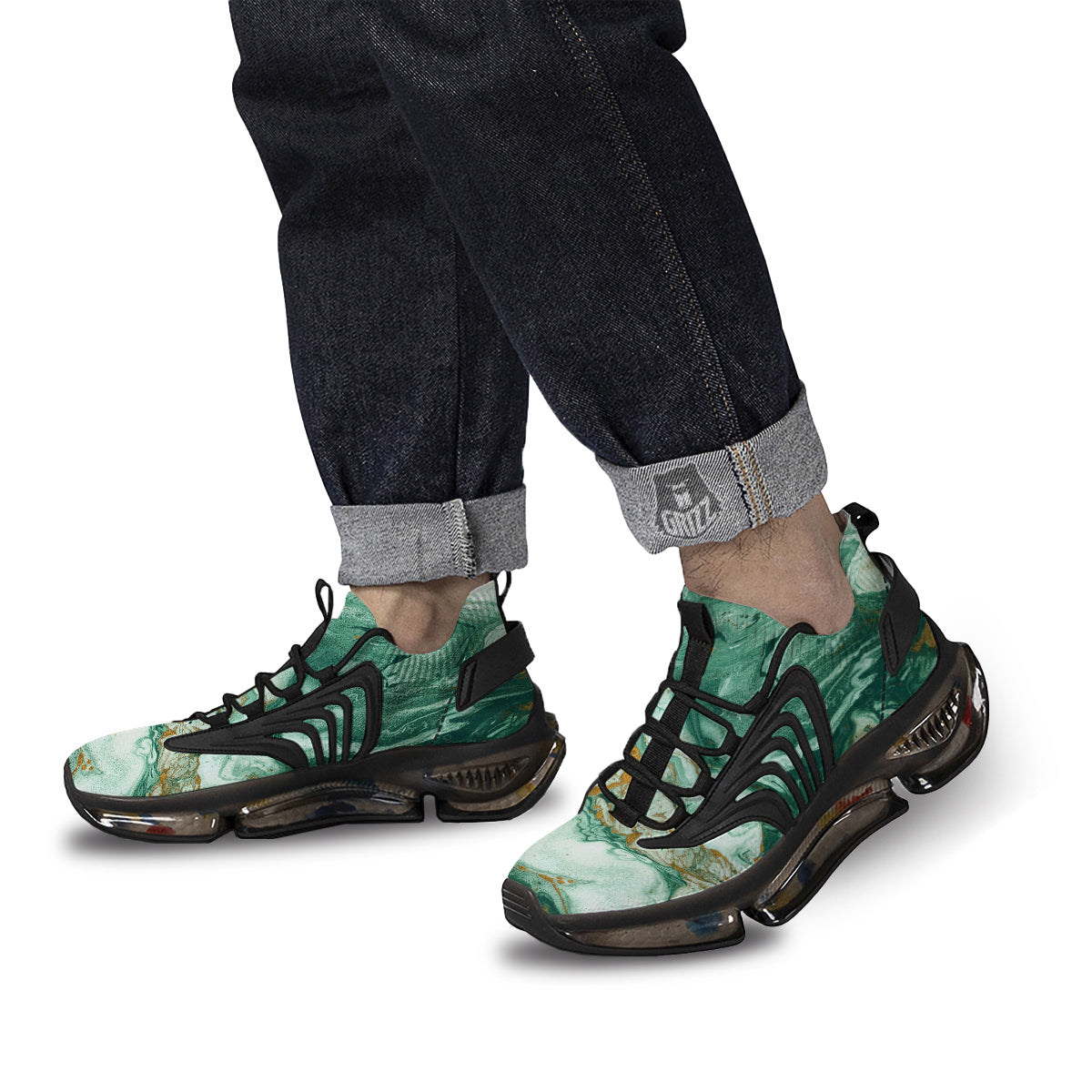 Golden And Green Marble Textue Print Black Gym Shoes-grizzshop