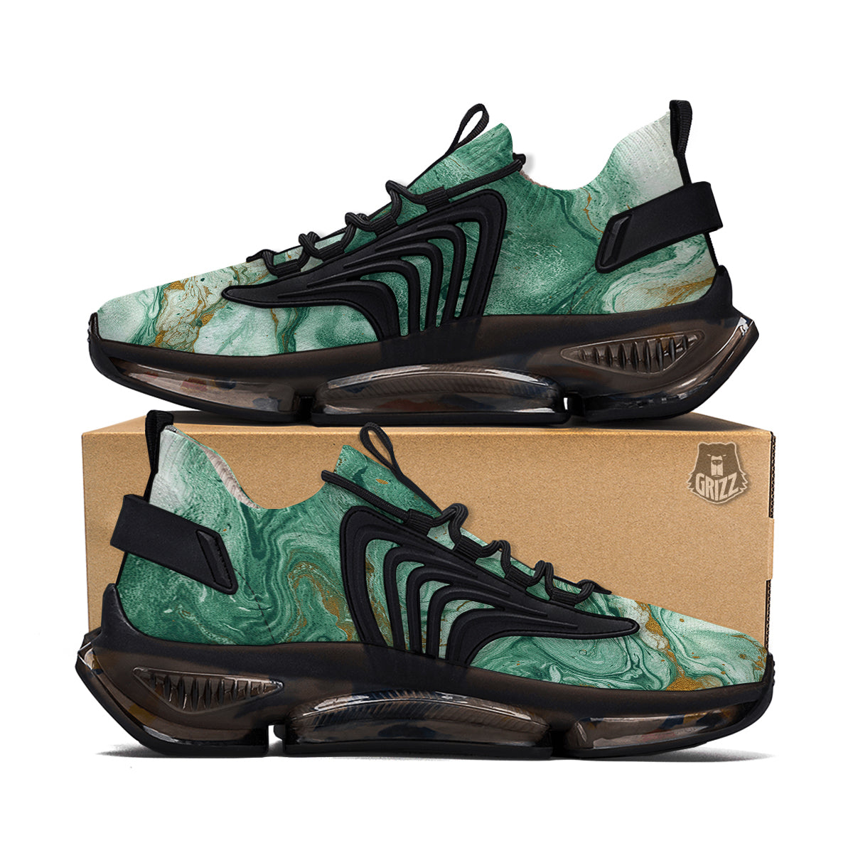 Golden And Green Marble Textue Print Black Gym Shoes-grizzshop