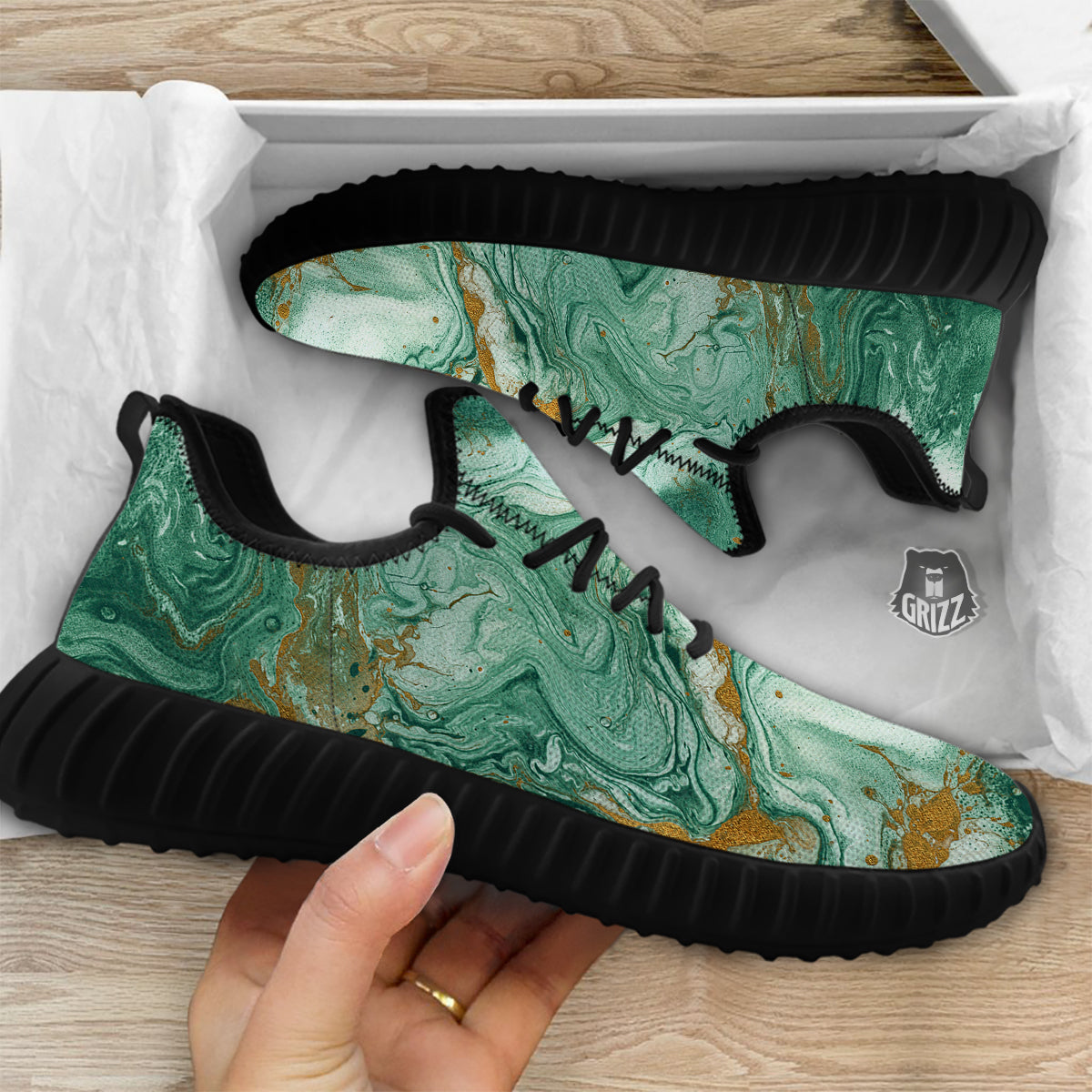 Golden And Green Marble Textue Print Black Walking Shoes-grizzshop