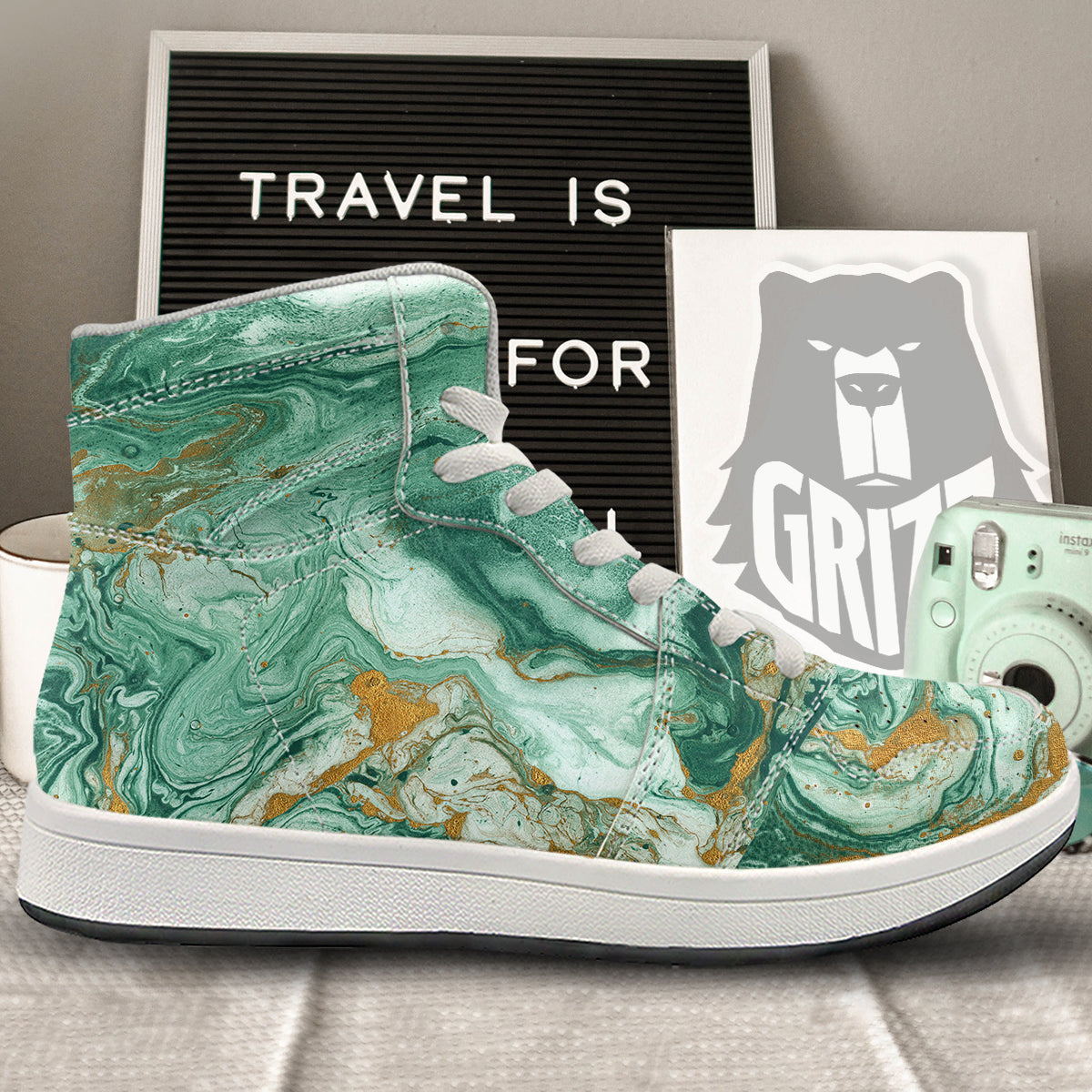 Golden And Green Marble Textue Print High Top Sneakers-grizzshop