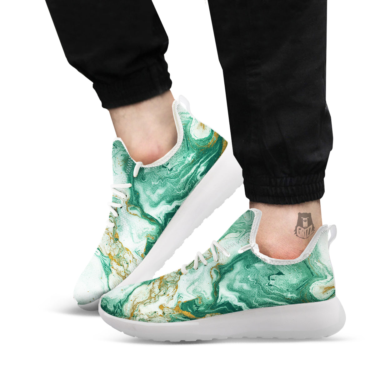 Golden And Green Marble Textue Print White Athletic Shoes-grizzshop