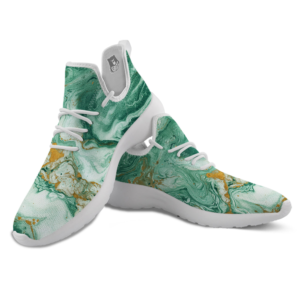 Golden And Green Marble Textue Print White Athletic Shoes-grizzshop