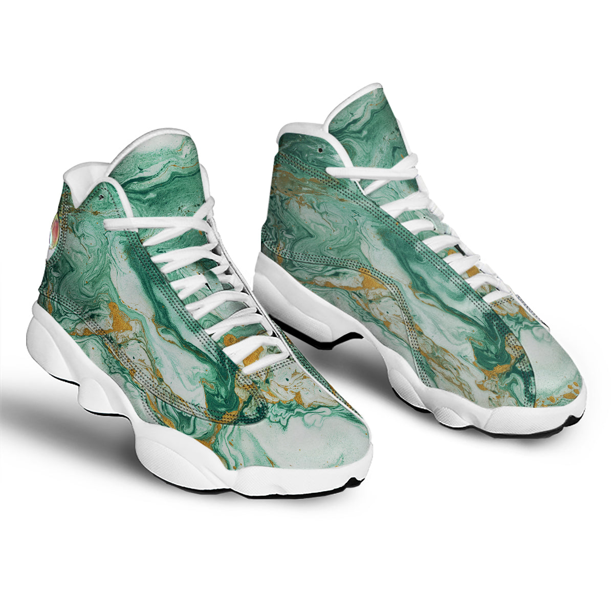 Golden And Green Marble Textue Print White Basketball Shoes-grizzshop