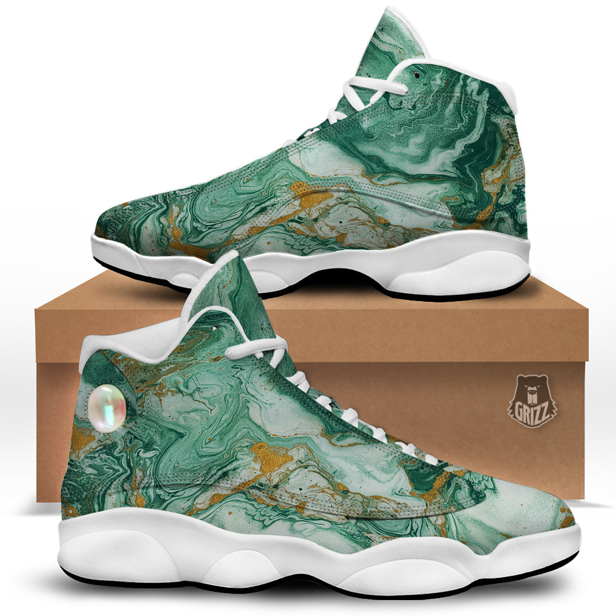 Golden And Green Marble Textue Print White Basketball Shoes-grizzshop