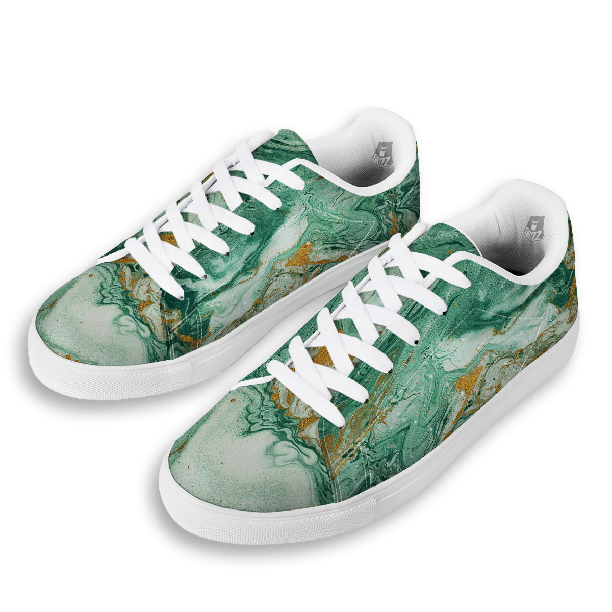 Golden And Green Marble Textue Print White Low Top Sneakers-grizzshop