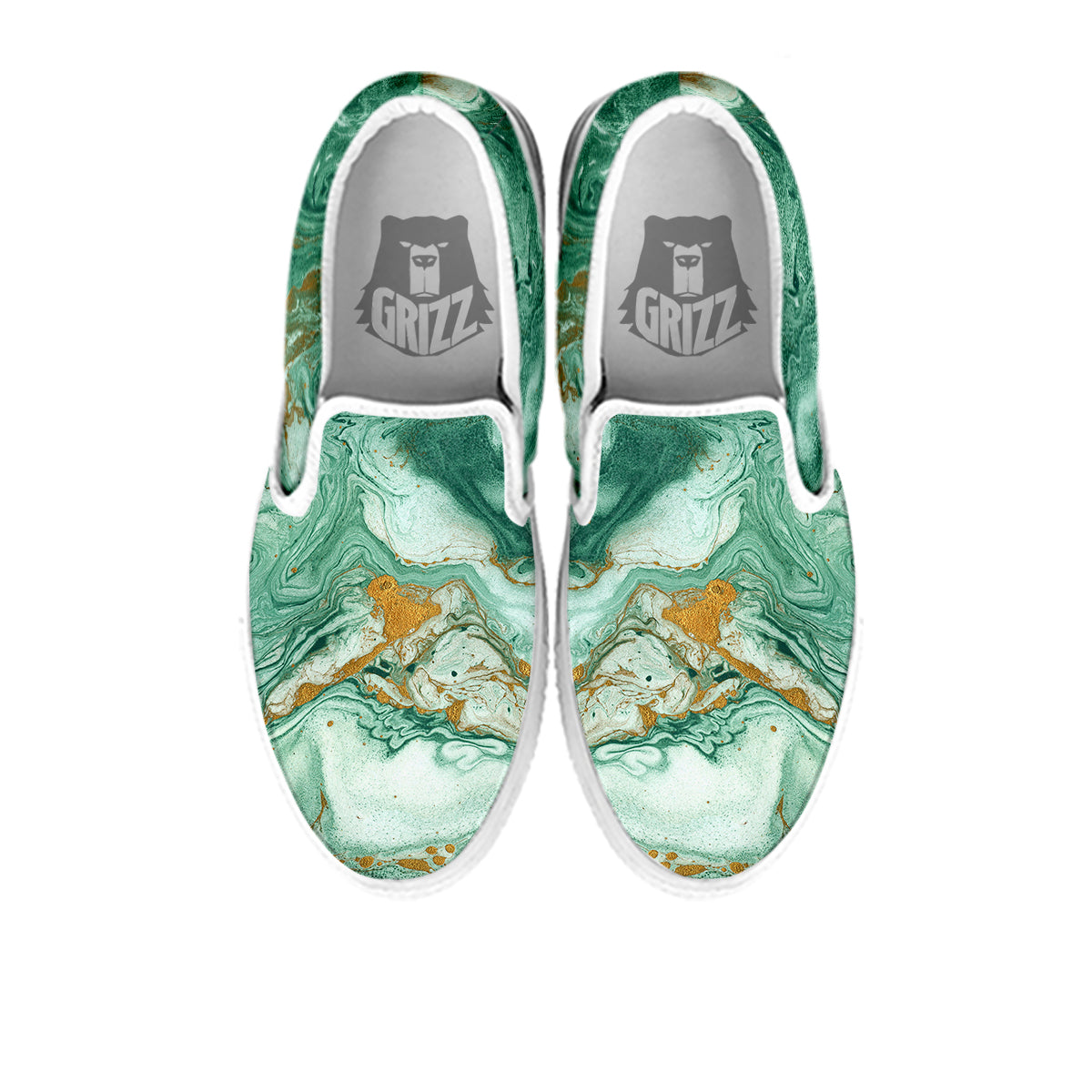 Golden And Green Marble Textue Print White Slip On Shoes-grizzshop