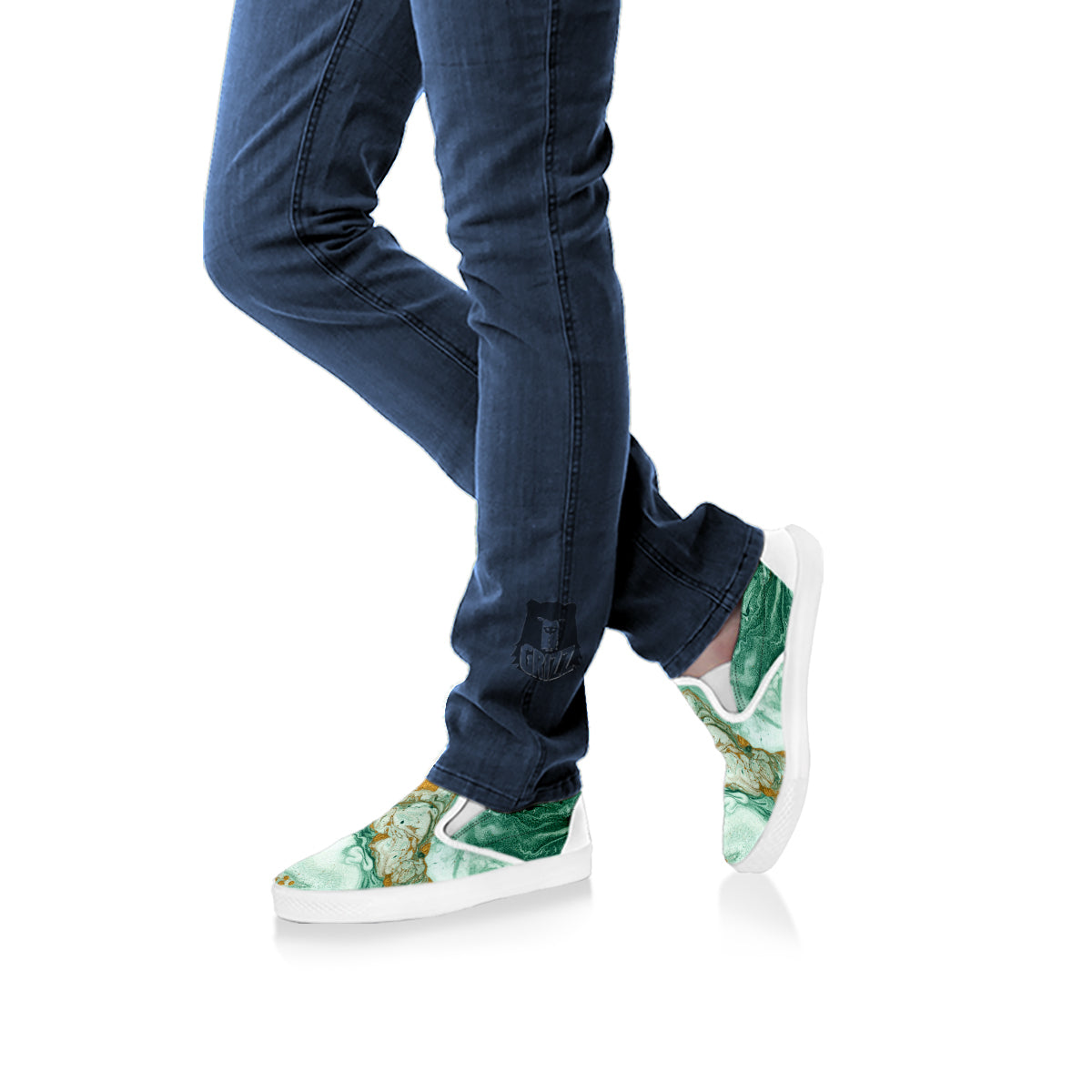 Golden And Green Marble Textue Print White Slip On Shoes-grizzshop