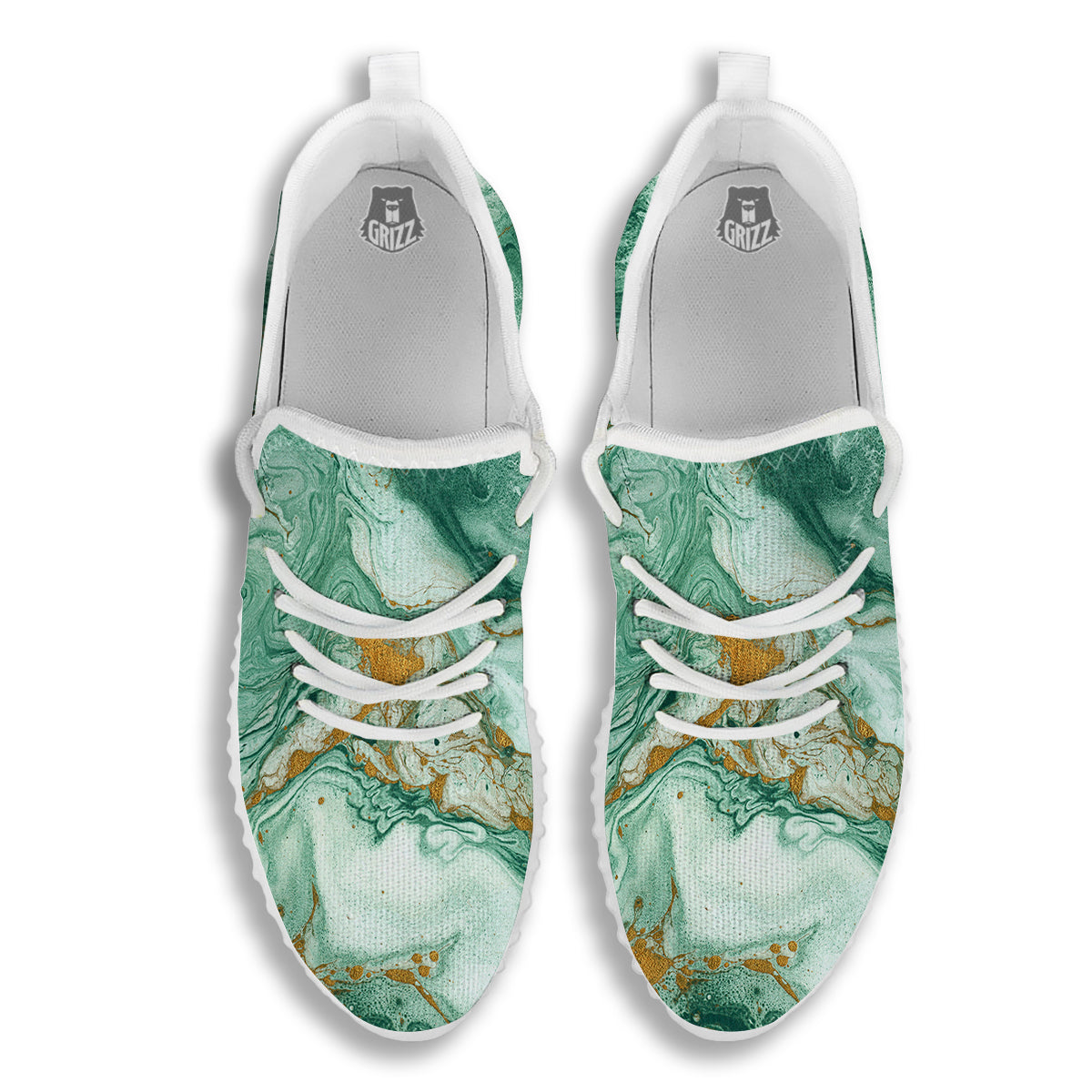 Golden And Green Marble Textue Print White Walking Shoes-grizzshop