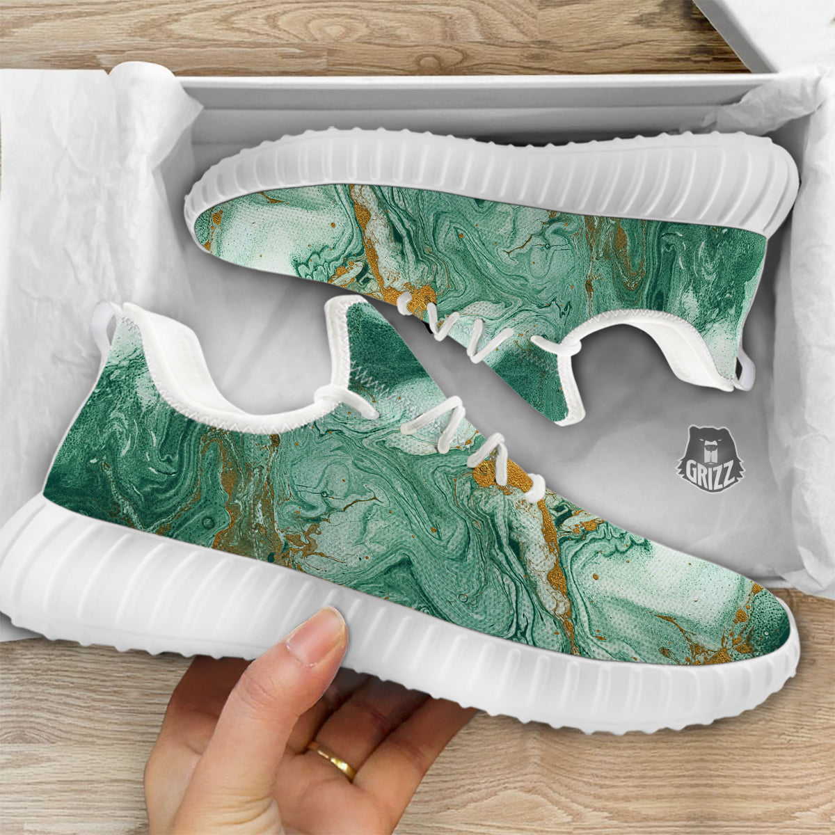 Golden And Green Marble Textue Print White Walking Shoes-grizzshop