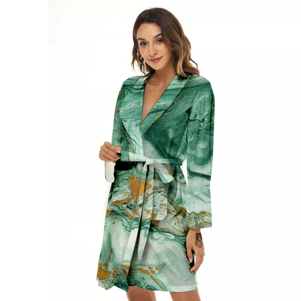 Golden And Green Marble Textue Print Women's Robe-grizzshop