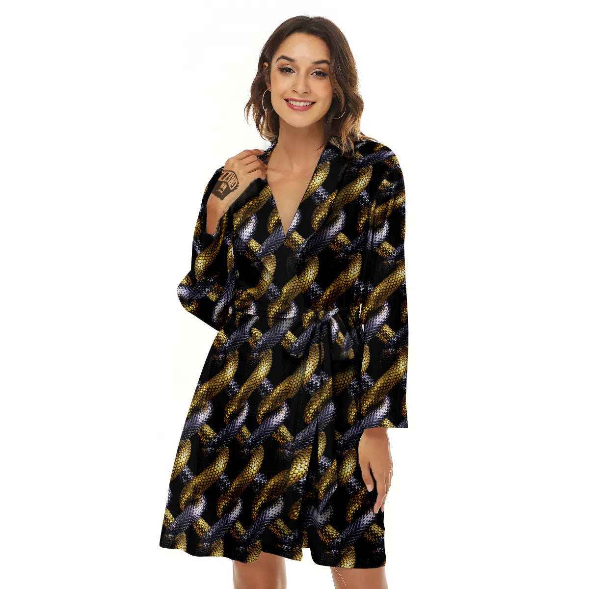 Golden And Silver Snakes 3D Print Pattern Women's Robe-grizzshop