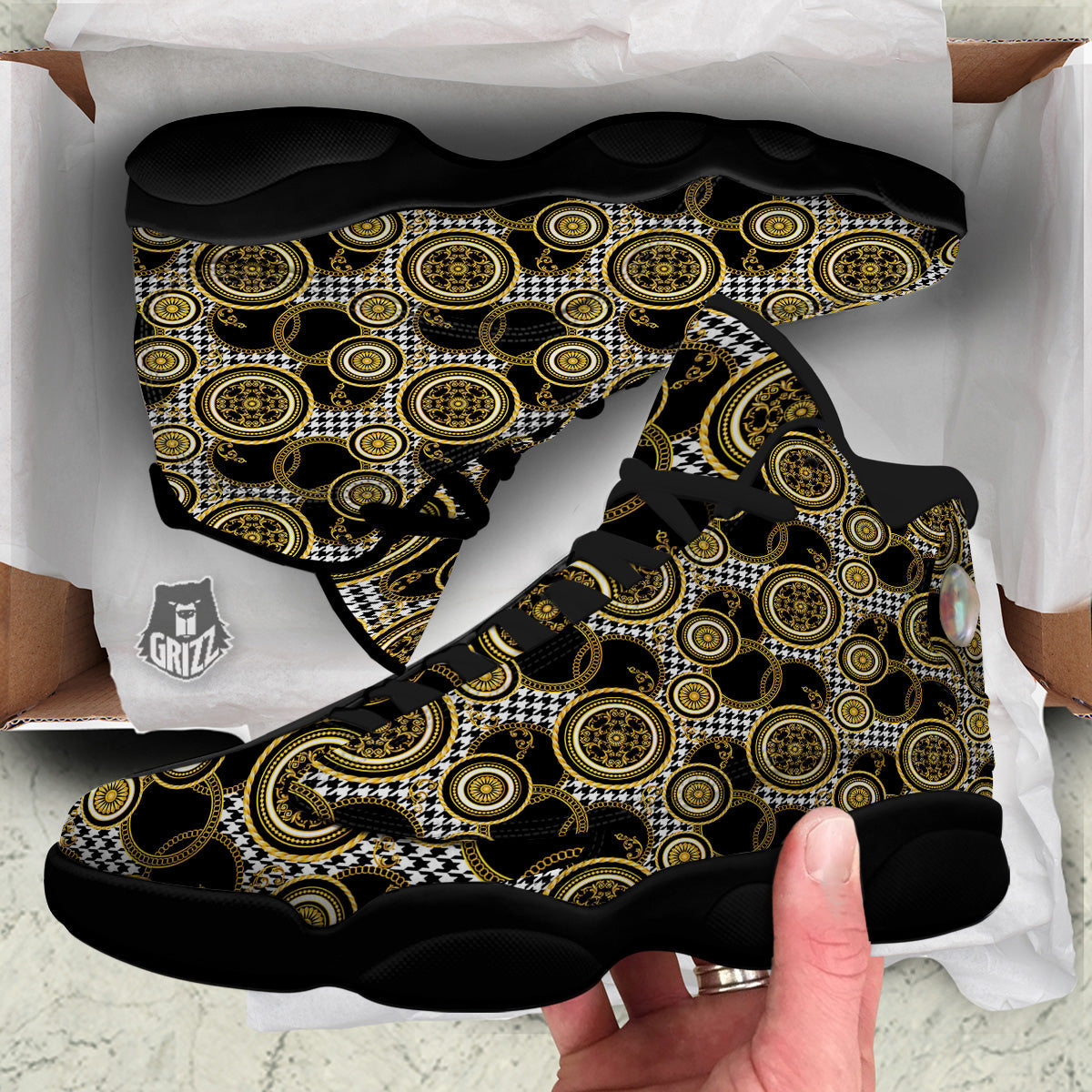 Golden Baroque And Black Houndstooth Print Pattern Black Basketball Shoes-grizzshop