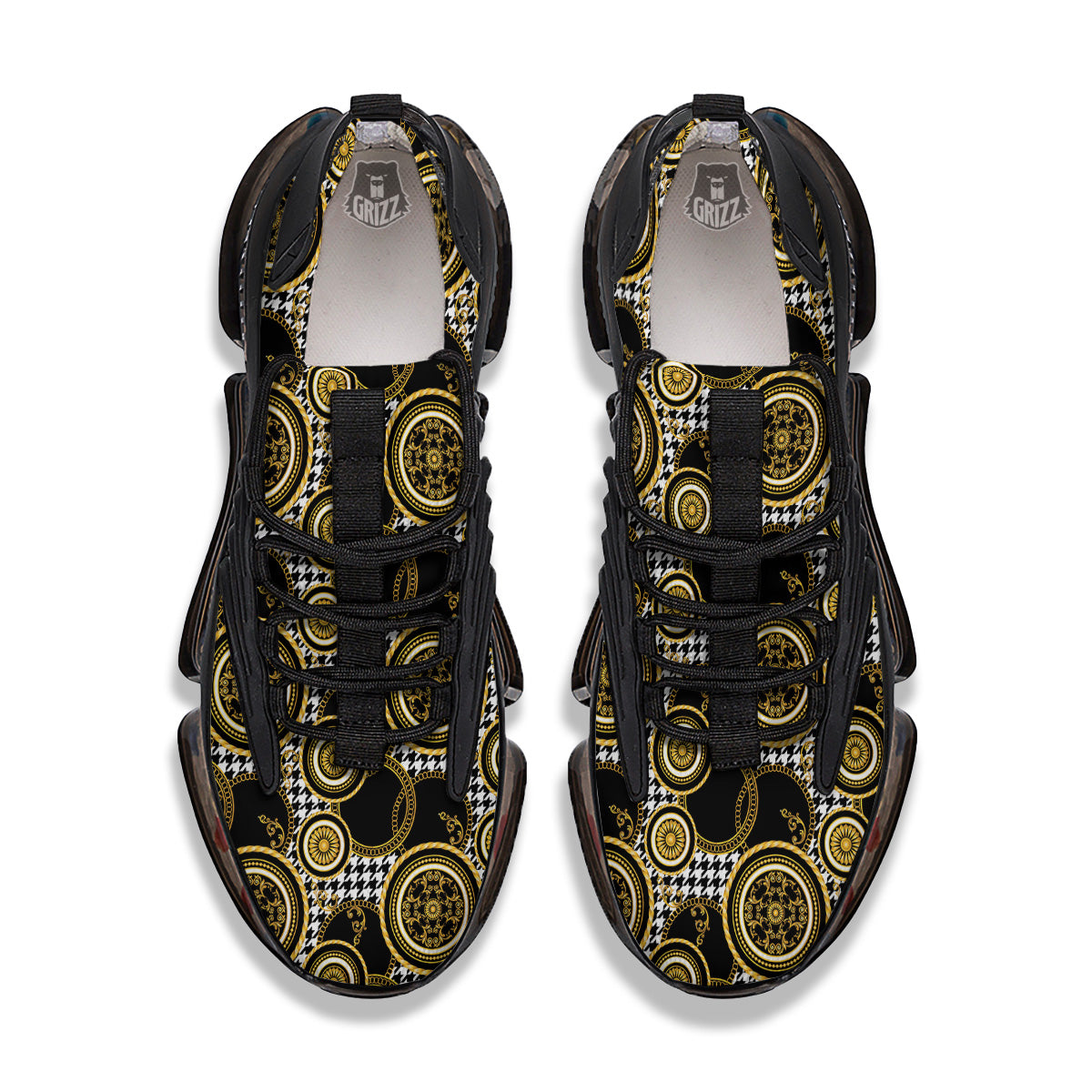 Golden Baroque And Black Houndstooth Print Pattern Black Gym Shoes-grizzshop
