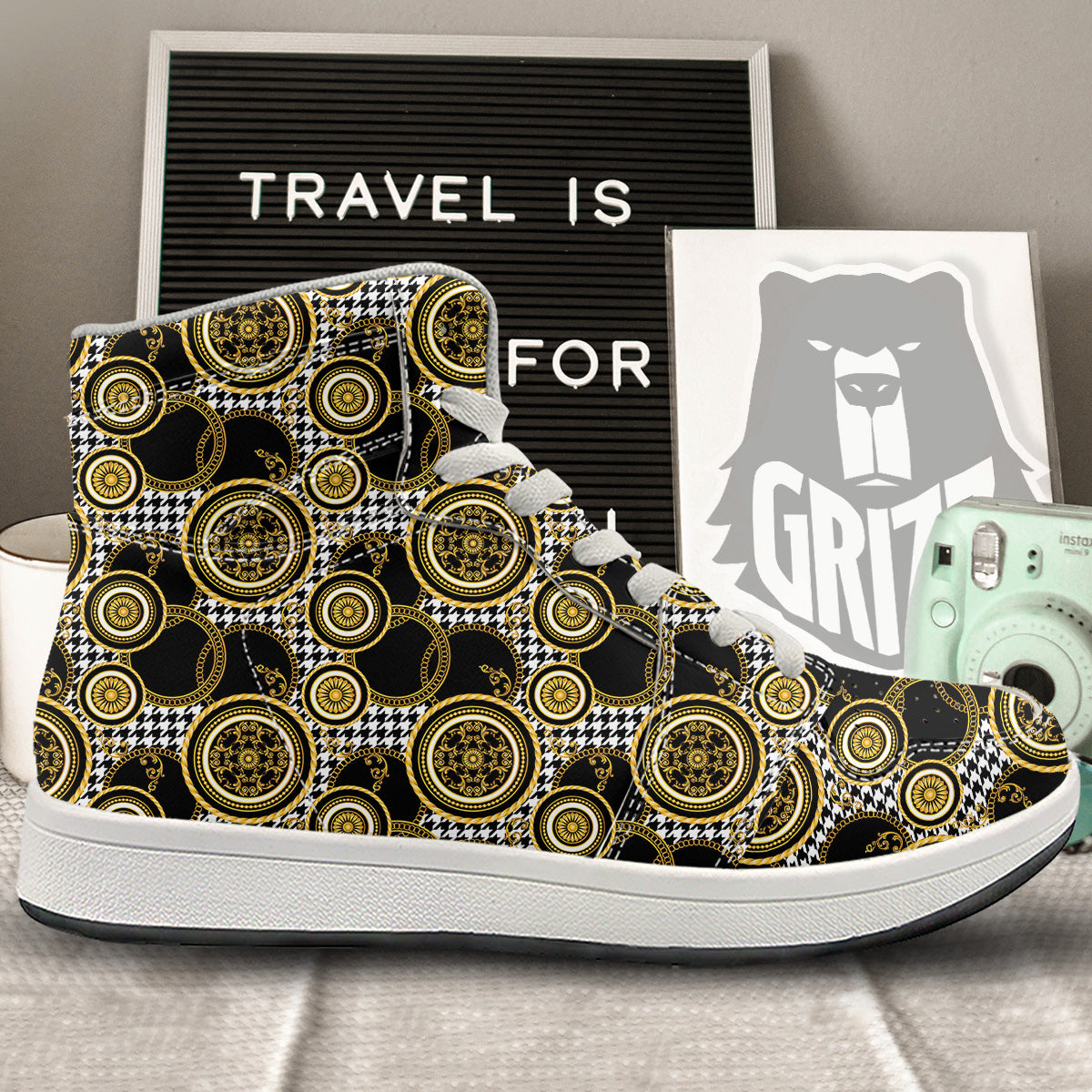 Golden Baroque And Black Houndstooth Print Pattern High Top Sneakers-grizzshop