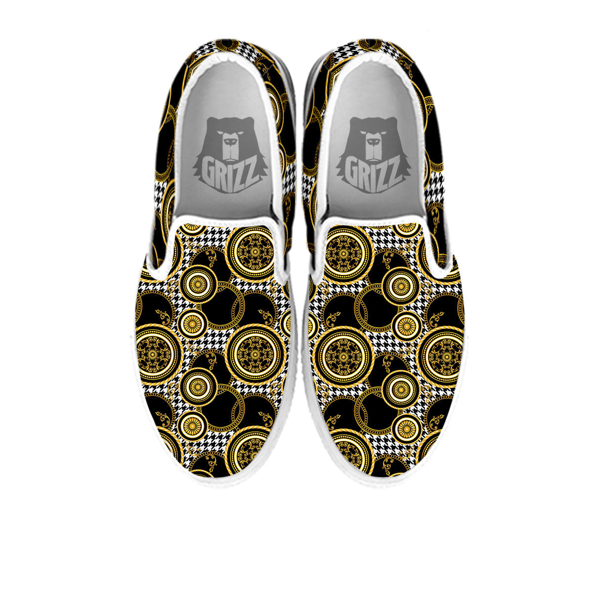 Golden Baroque And Black Houndstooth Print Pattern White Slip On Shoes-grizzshop
