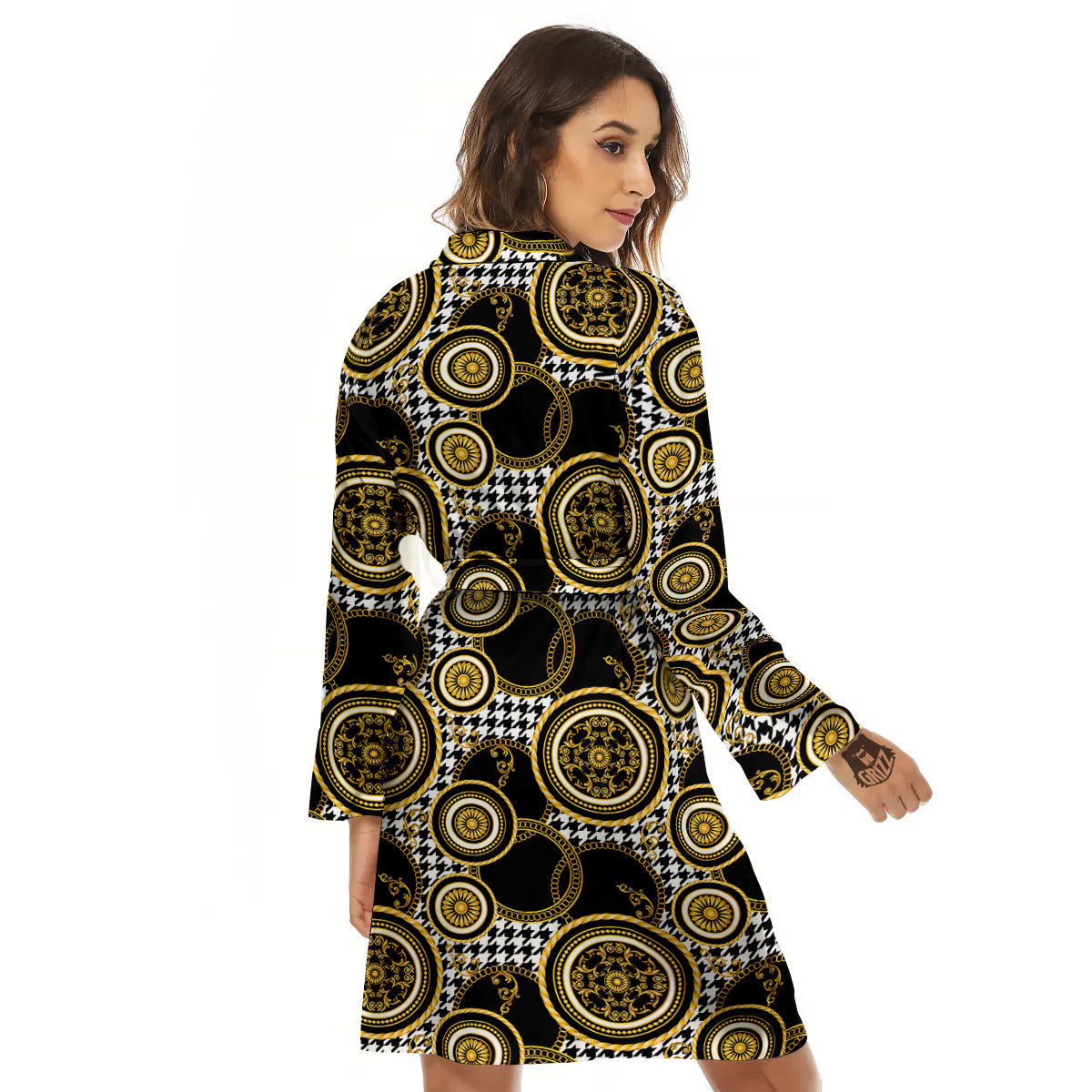Golden Baroque And Black Houndstooth Print Pattern Women's Robe-grizzshop