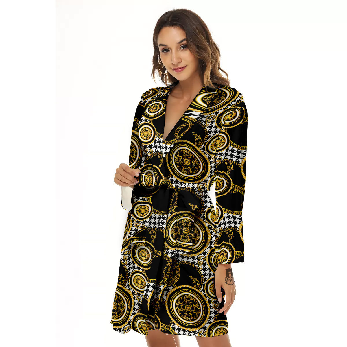 Golden Baroque And Black Houndstooth Print Pattern Women's Robe-grizzshop