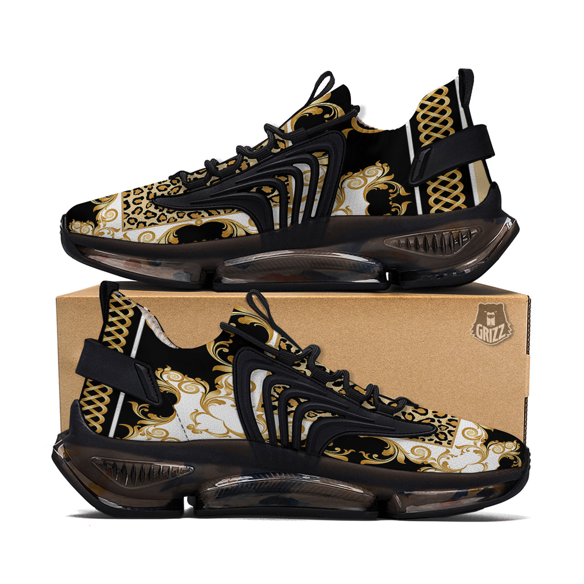 Golden Baroque And Leopard Print Black Gym Shoes-grizzshop