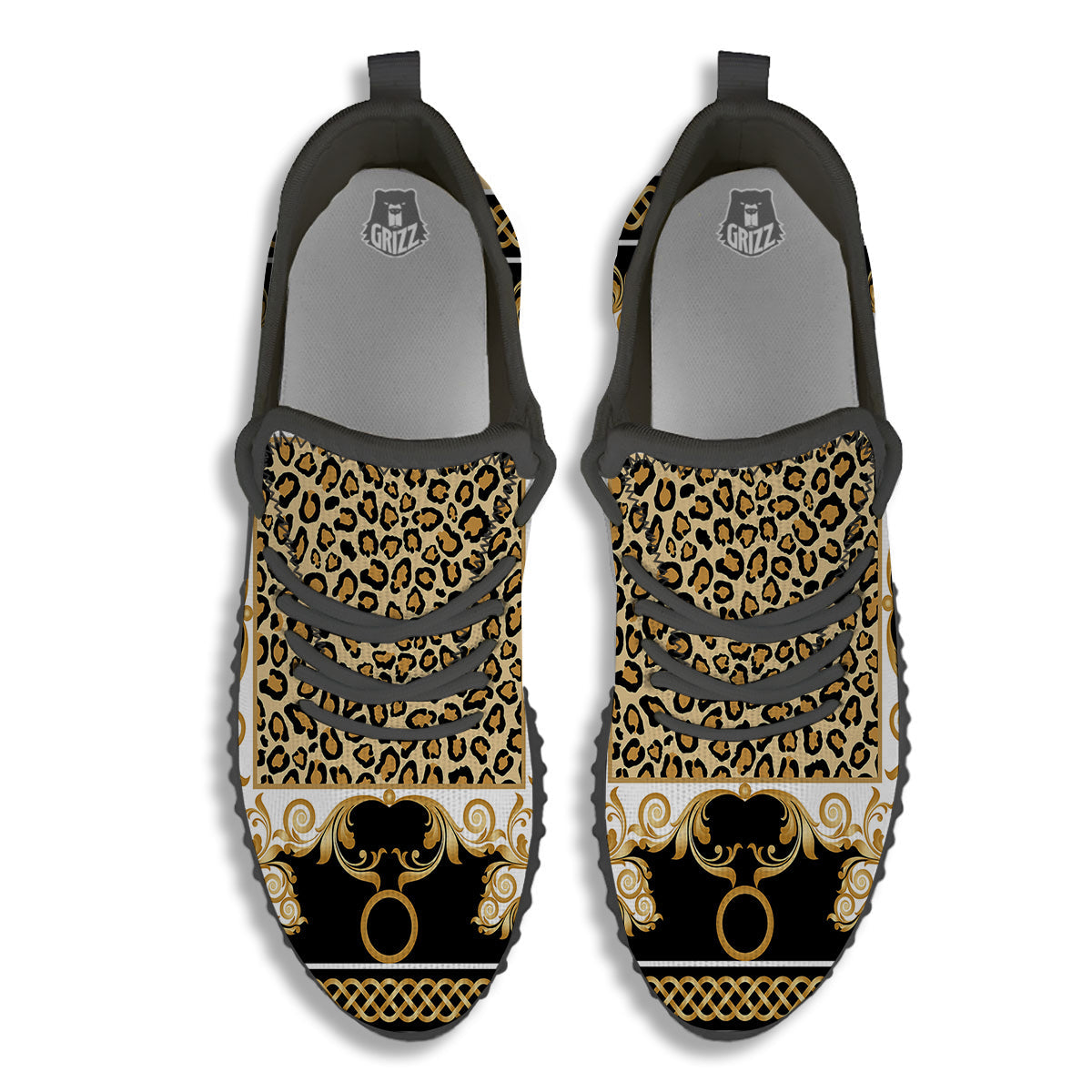 Golden Baroque And Leopard Print Black Walking Shoes-grizzshop