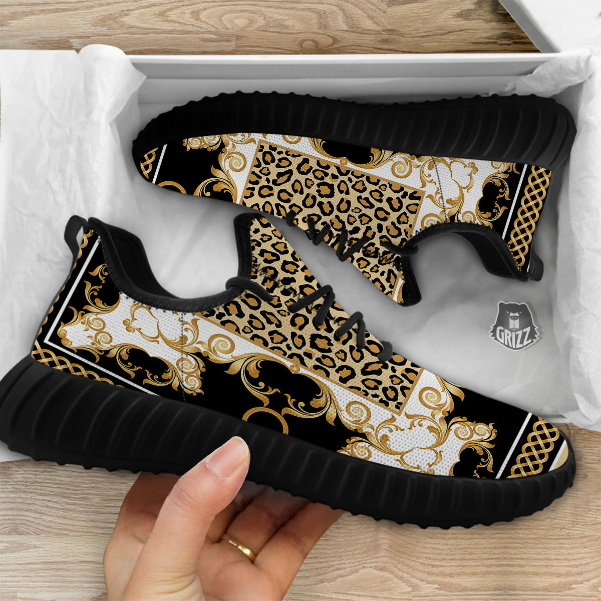 Golden Baroque And Leopard Print Black Walking Shoes-grizzshop