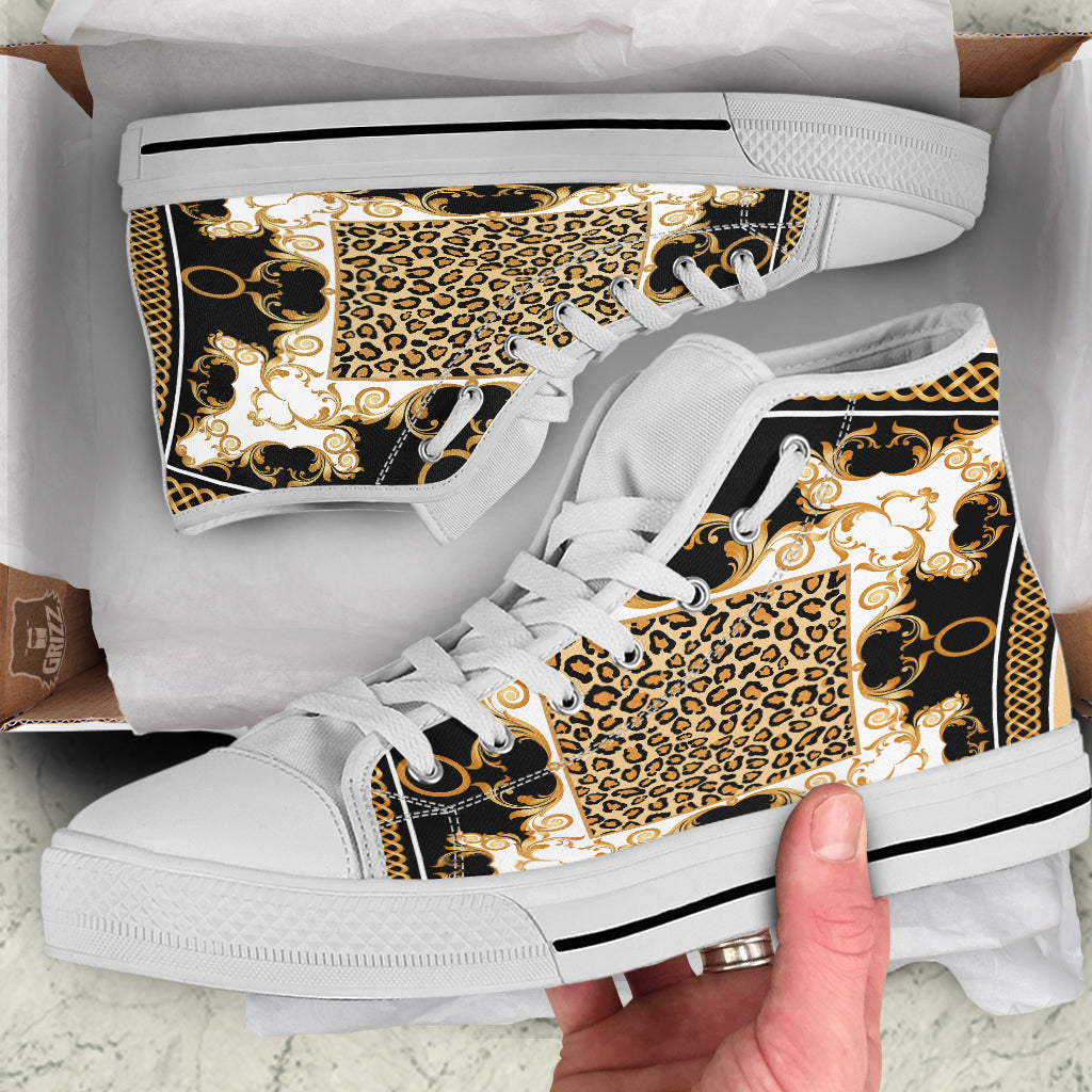 Golden Baroque And Leopard Print White High Top Shoes-grizzshop