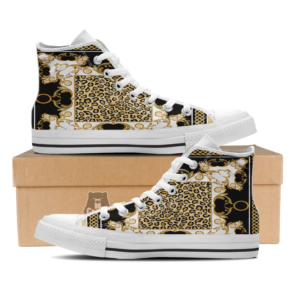 Golden Baroque And Leopard Print White High Top Shoes-grizzshop