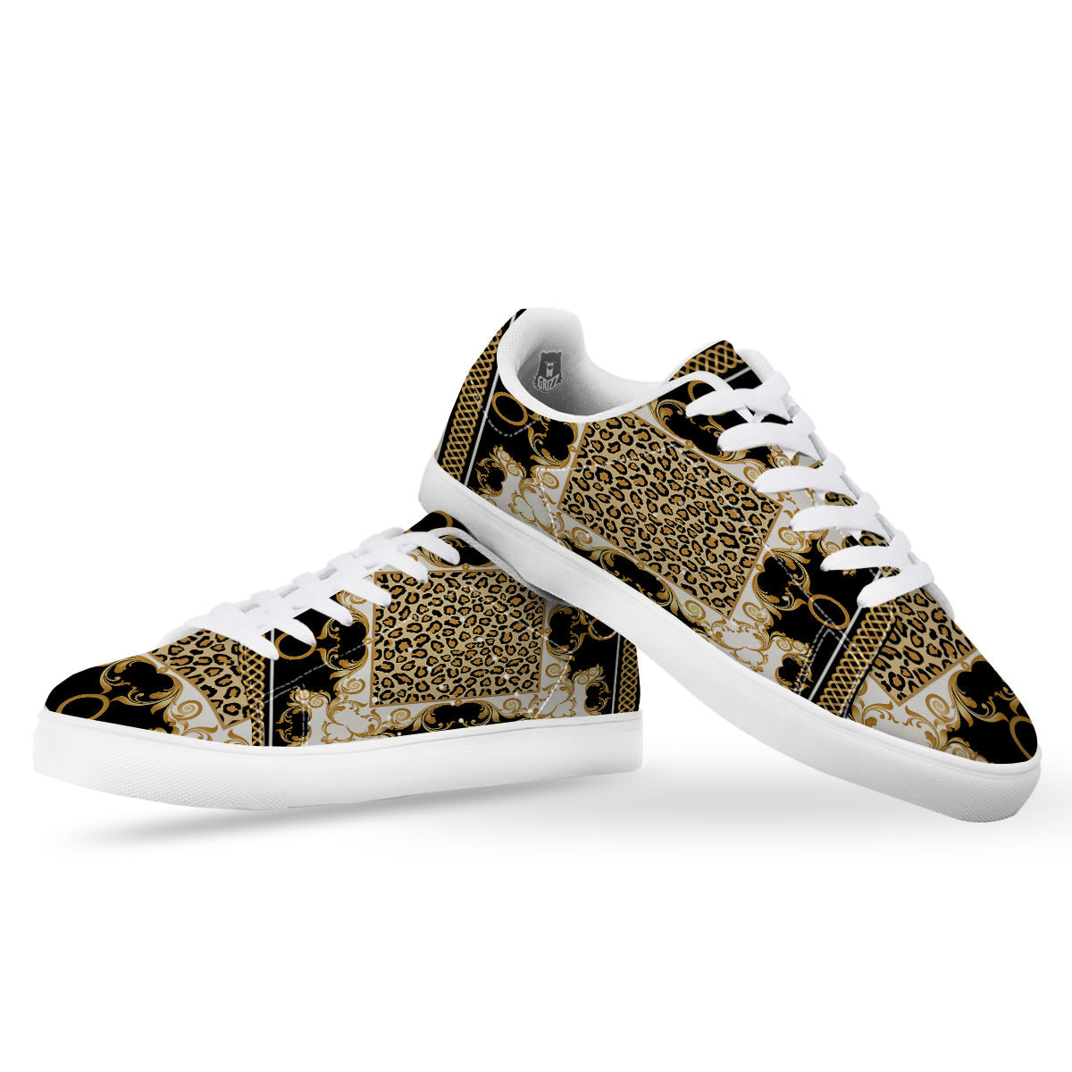 Golden Baroque And Leopard Print White Low Top Sneakers-grizzshop