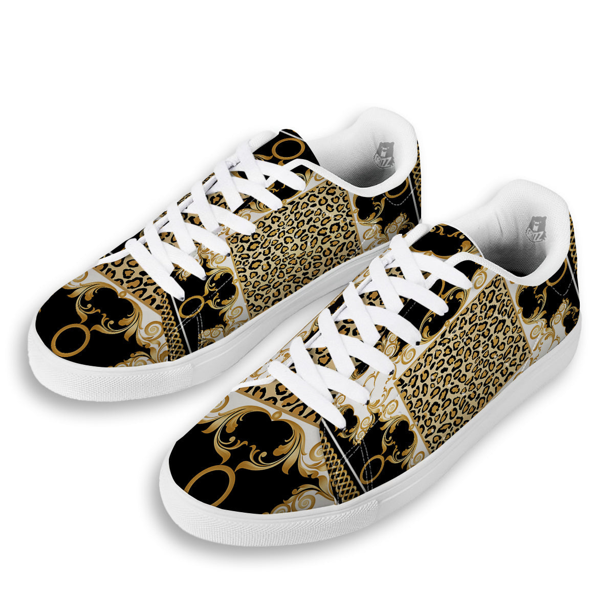 Golden Baroque And Leopard Print White Low Top Sneakers-grizzshop