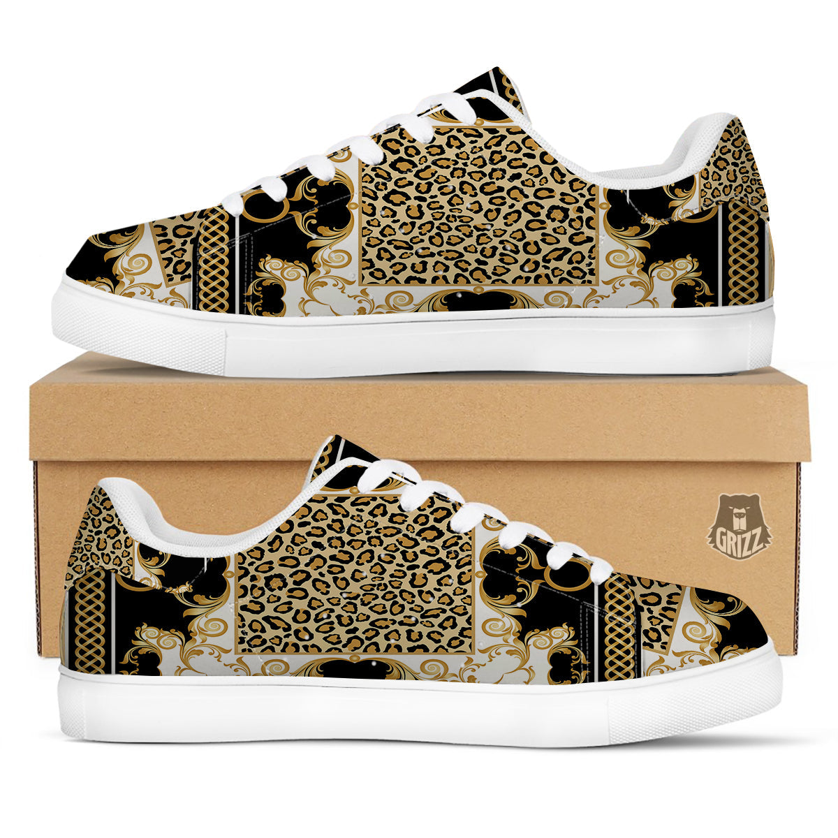 Golden Baroque And Leopard Print White Low Top Sneakers-grizzshop