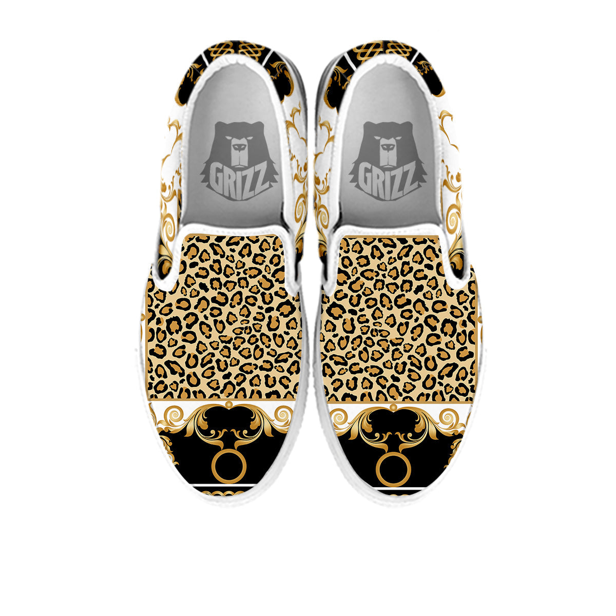Golden Baroque And Leopard Print White Slip On Shoes-grizzshop