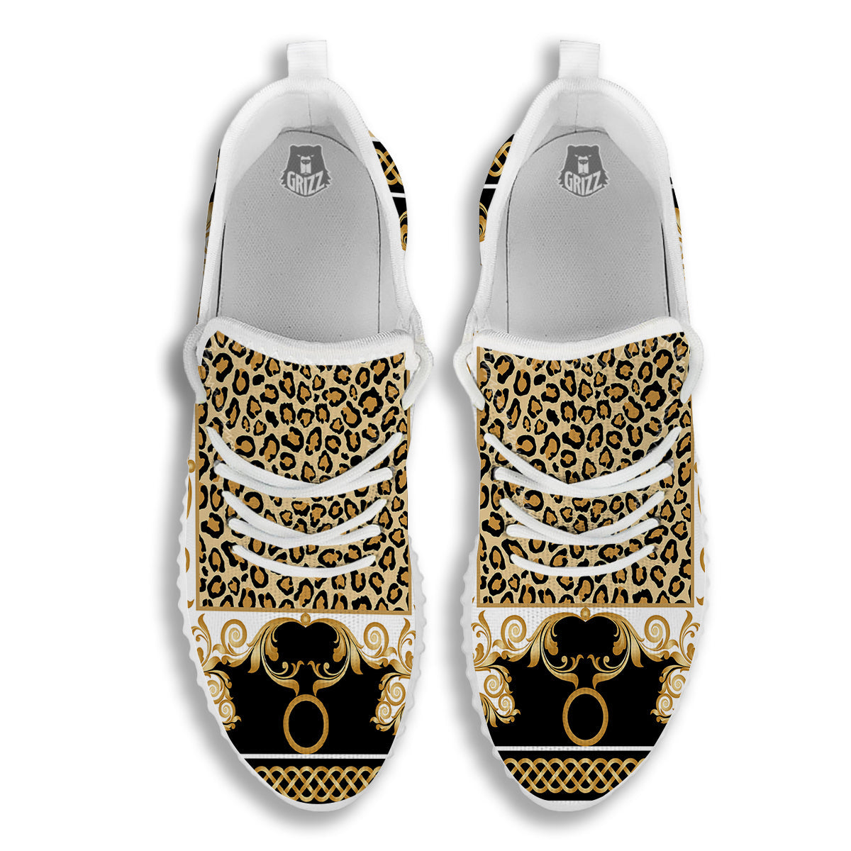 Golden Baroque And Leopard Print White Walking Shoes-grizzshop