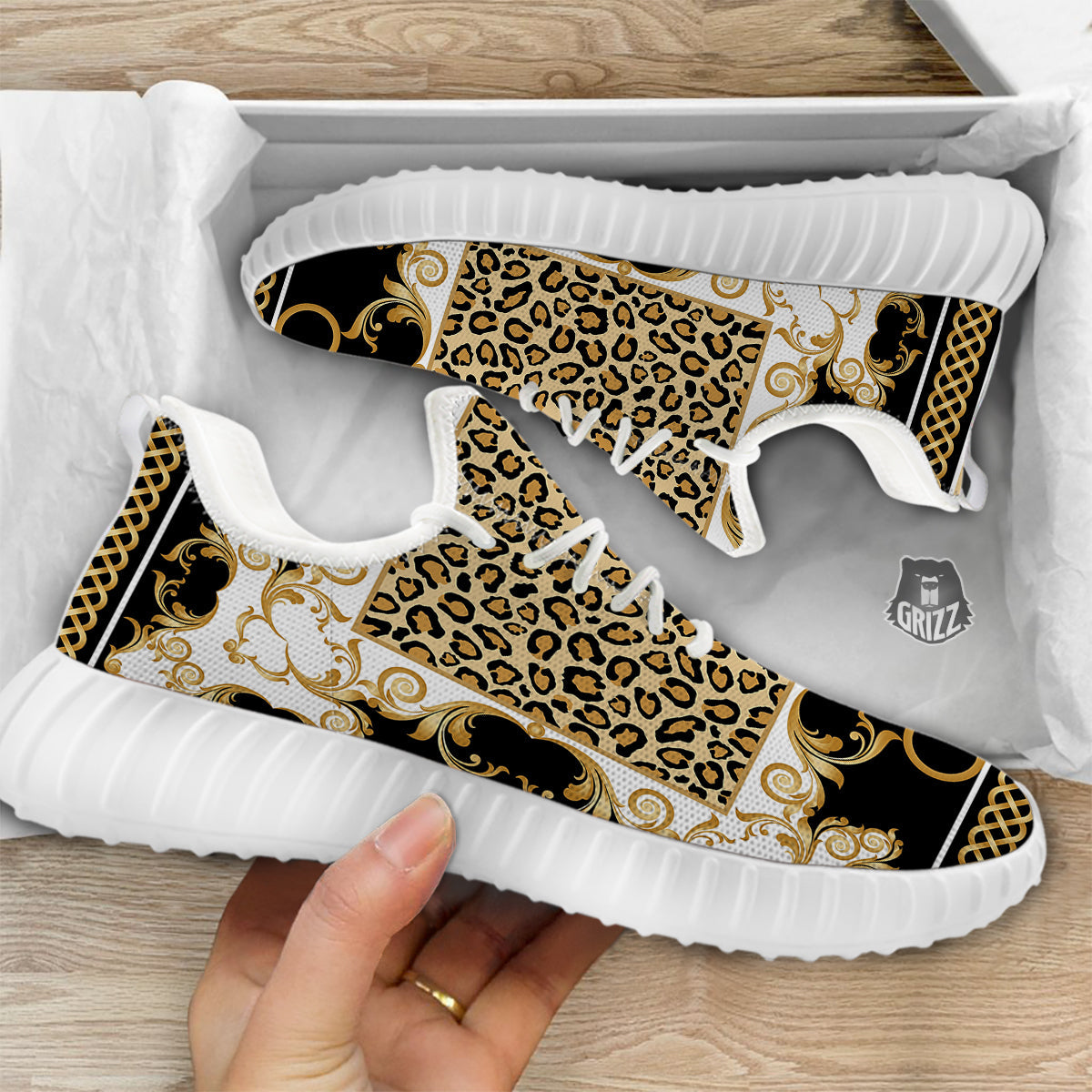 Golden Baroque And Leopard Print White Walking Shoes-grizzshop