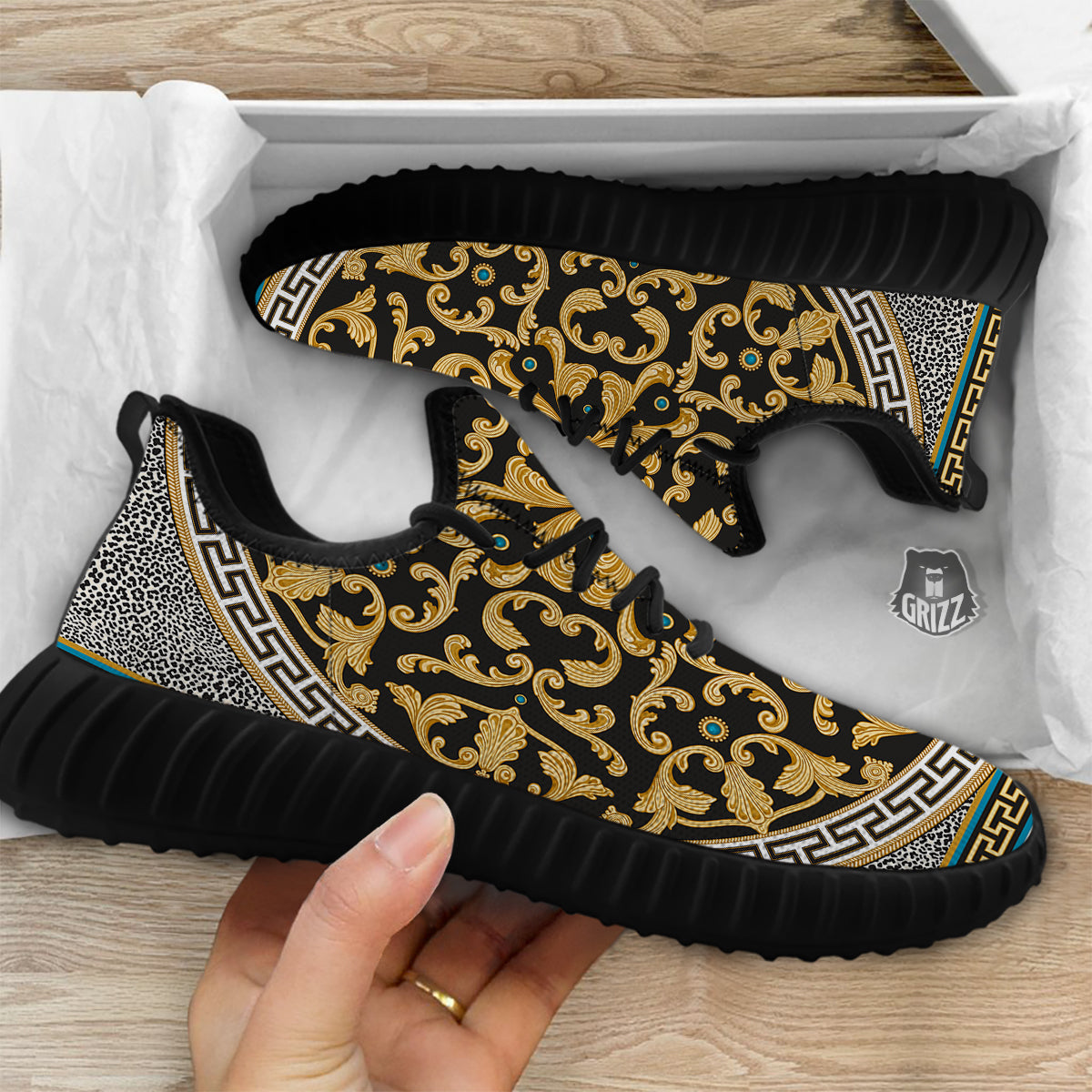 Golden Baroque Leopard Skin Print Black Walking Shoes-grizzshop
