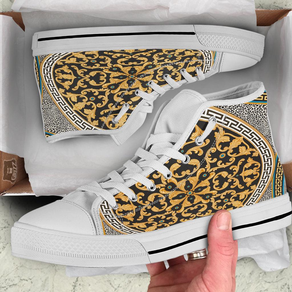 Golden Baroque Leopard Skin Print White High Top Shoes-grizzshop