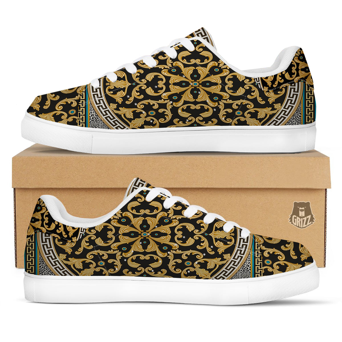 Golden Baroque Leopard Skin Print White Low Top Sneakers-grizzshop