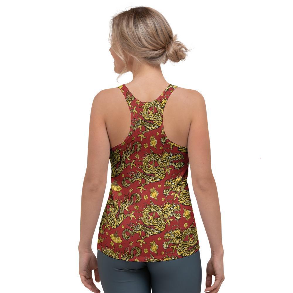 Golden Chinese Dragon Floral Print Women's Racerback Tank Top-grizzshop
