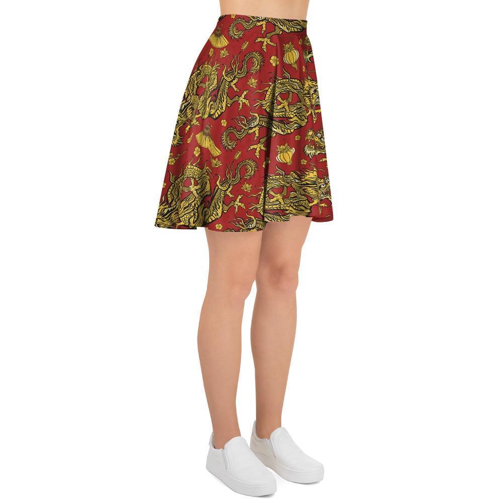 Golden Chinese Dragon Floral Print Women's Skirt-grizzshop
