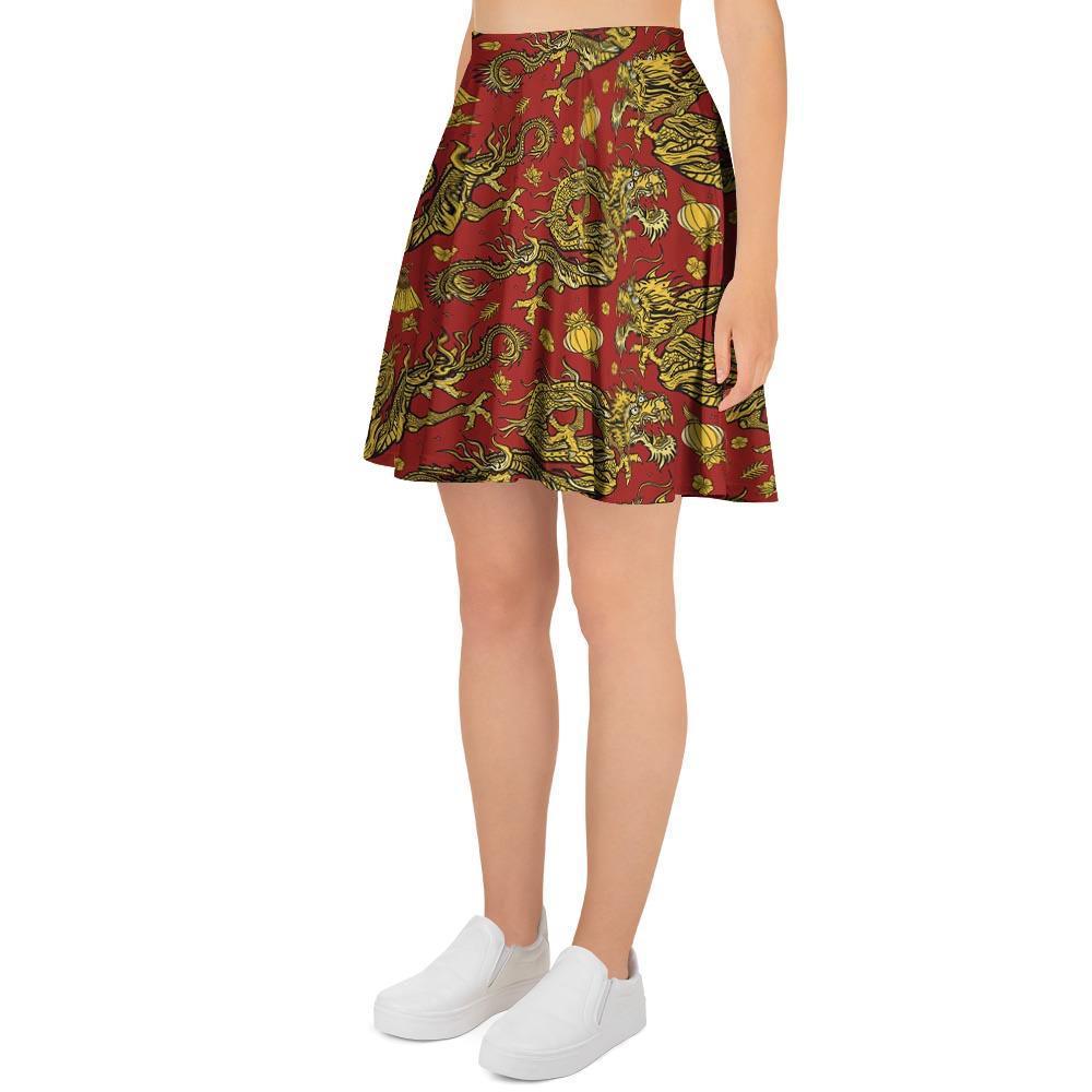 Golden Chinese Dragon Floral Print Women's Skirt-grizzshop