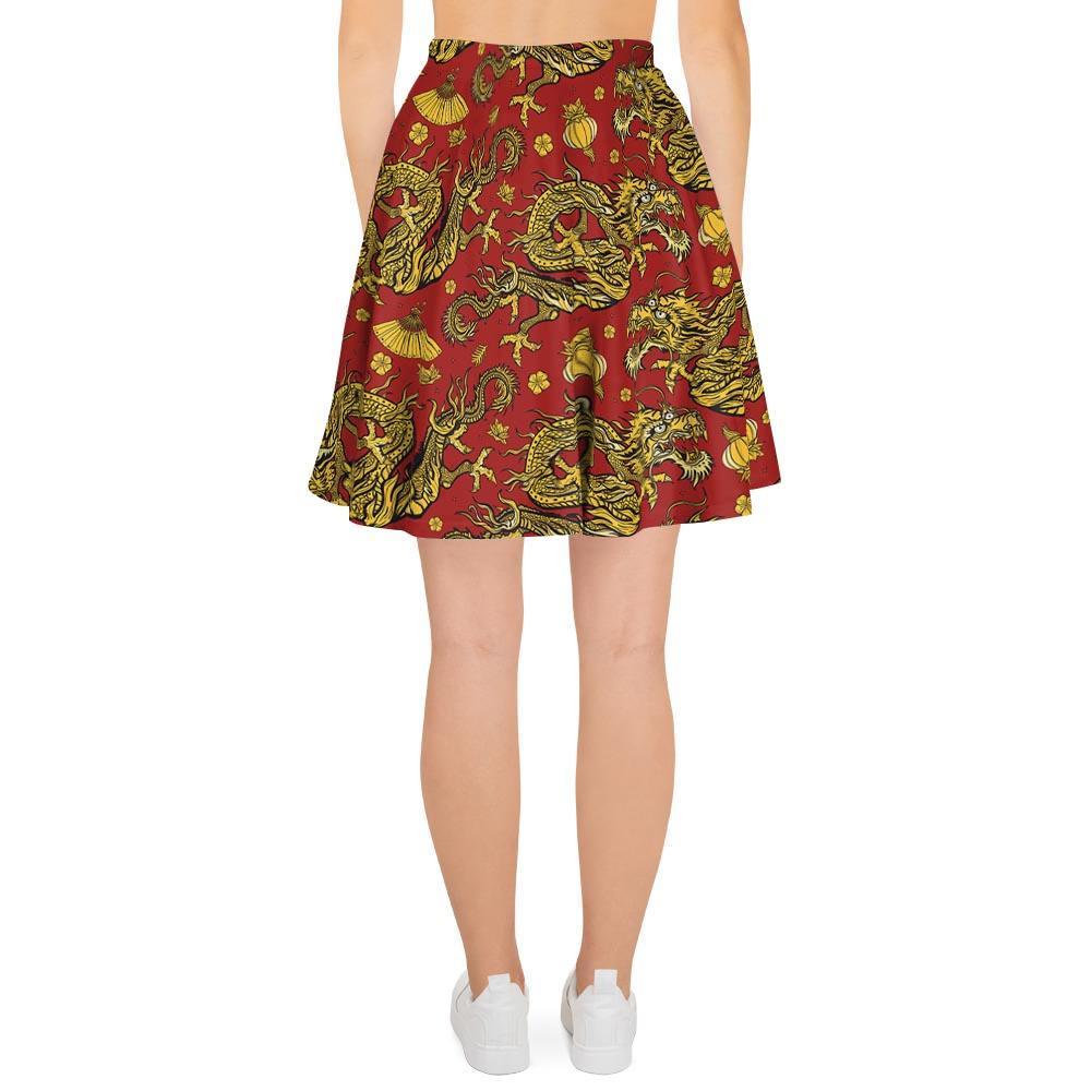 Golden Chinese Dragon Floral Print Women's Skirt-grizzshop