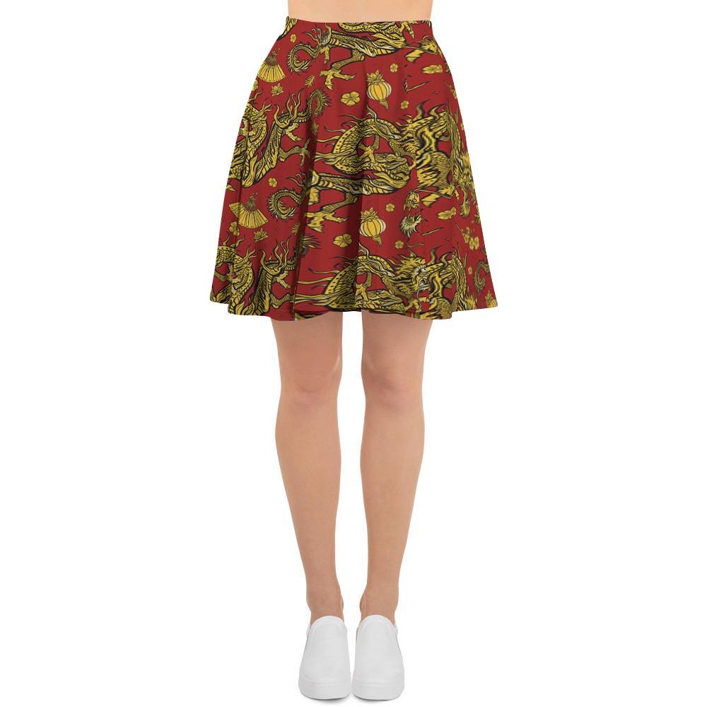Golden Chinese Dragon Floral Print Women's Skirt-grizzshop
