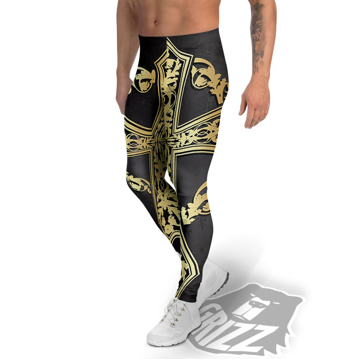 Golden Cross Ornamental Print Men's Leggings-grizzshop