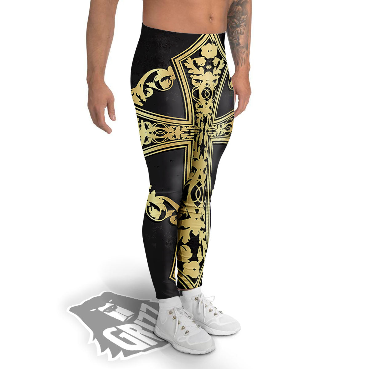 Golden Cross Ornamental Print Men's Leggings-grizzshop