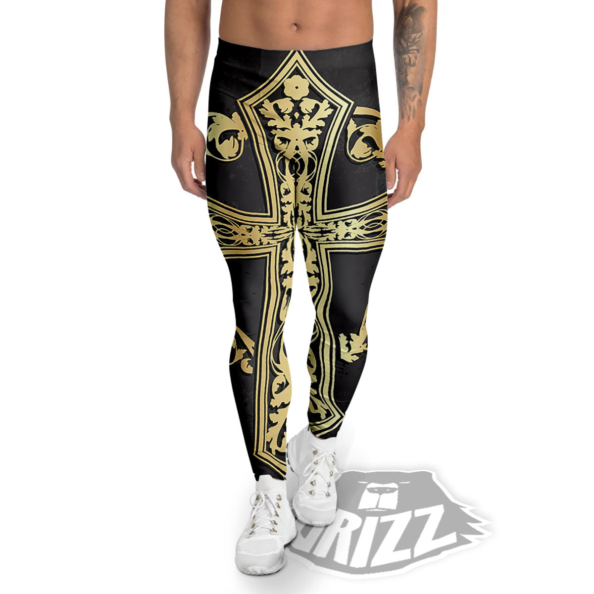Golden Cross Ornamental Print Men's Leggings-grizzshop