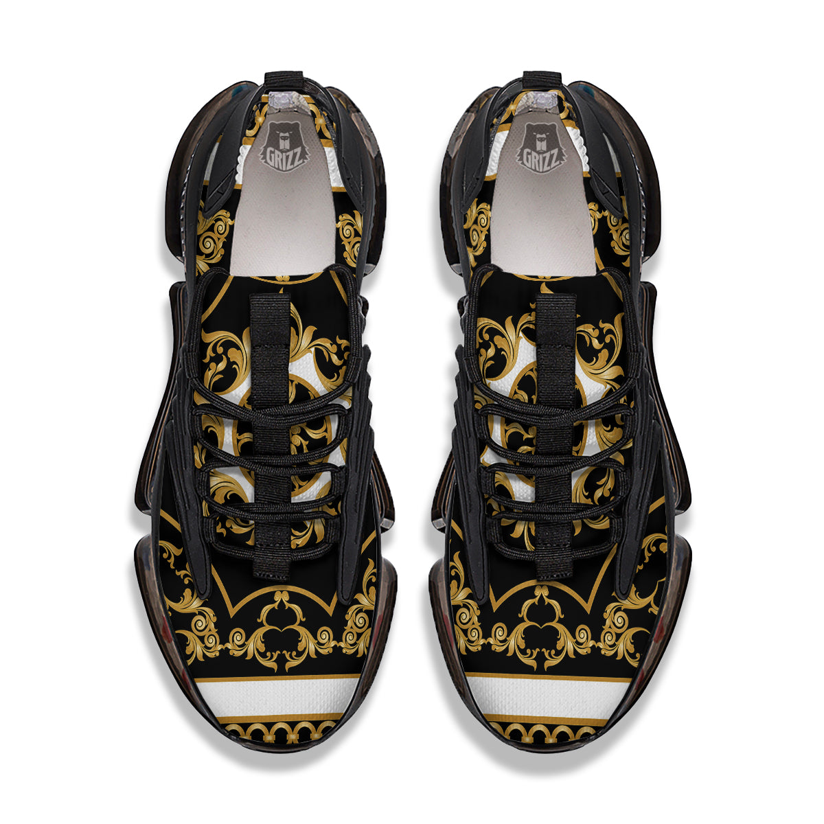 Golden Floral Baroque Black White Print Black Gym Shoes-grizzshop